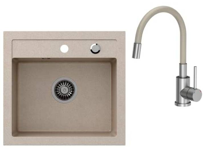VBChome Granit Spüle Beige 50 x 47 cm – Einbauspüle für Küche, Einzelbecken mit Armatur & Siphon, Küchenspüle gesprenkelt aus Verbundwerkstoff
