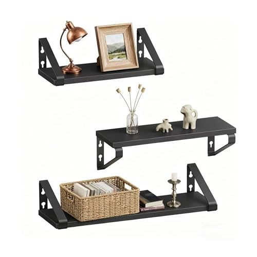 Relaxdays Wandplank Set van 3, Modern Wandrek met Houtlook en Metaal, Zwart/Bruin