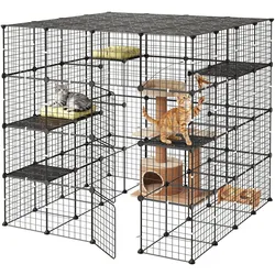 VEVOR Katzenkäfig Katzengehege 4-Stock Katzenauslauf 139,7x139,7x139,7cm, DIY-Katzenlaufstall für Indoor Abnehmbarer Metallkäfig mit 3 Türen Ideal für 2-3 Katzen & Kleintiere Schwarz