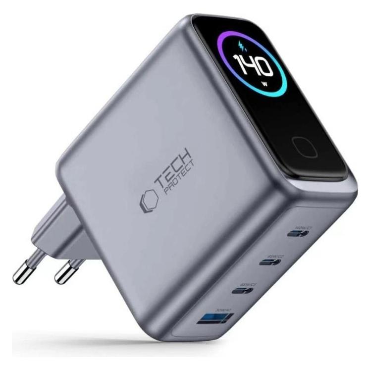 Tech-Protect POWERVISION NC140W-GAN 4-PORT NETWORK CHARGER PD 140W / QC3.0 DARK GREY (140 W, 4 Ports) (5906302324460)