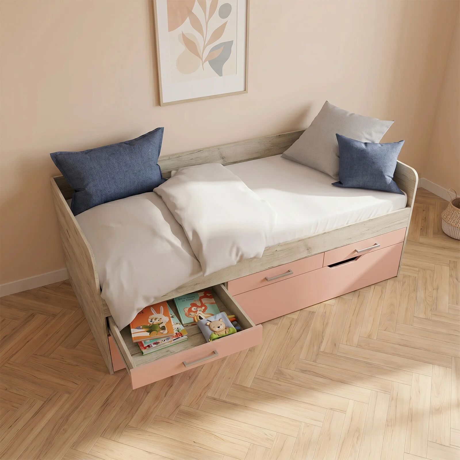 garneroarredamenti Letto singolo 90x200 con letto estraibile e 3 cassetti bianco frassinato rosa Bra