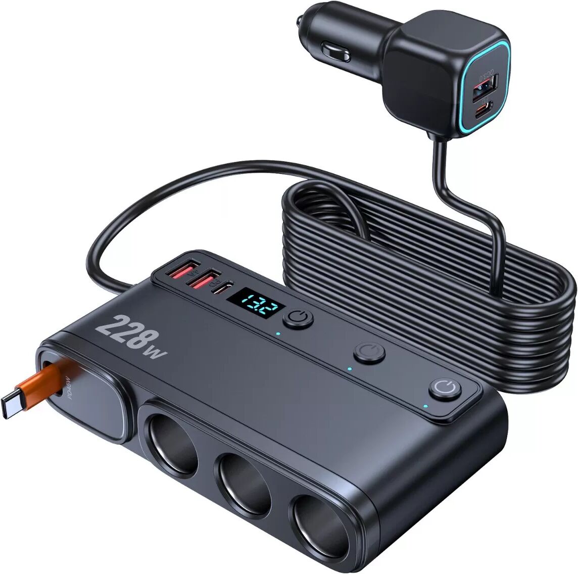 INF Chargeur de voiture 3 prises pour allume-cigare avec PD45W, QC3.0 18W, Double USB + Type-C, Câble rétractable, Voltmètre