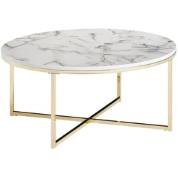 Stylischer Runder Sofatisch, Marmor-Optik, Goldfarbenes Gestell, 80 cm. Weiß, 80x80x35 cm | Kadima Design