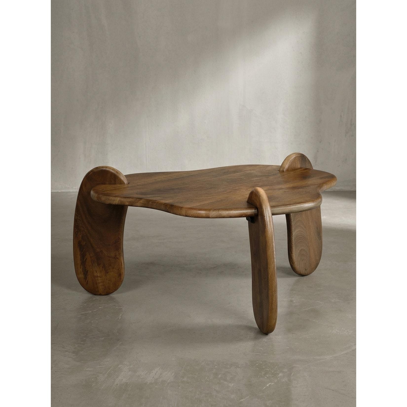 Couchtisch in Walnussfarbe aus Mangoholz Massiv, Niedriges Dreibein-Design, Organisch, 78x78x39.5cm