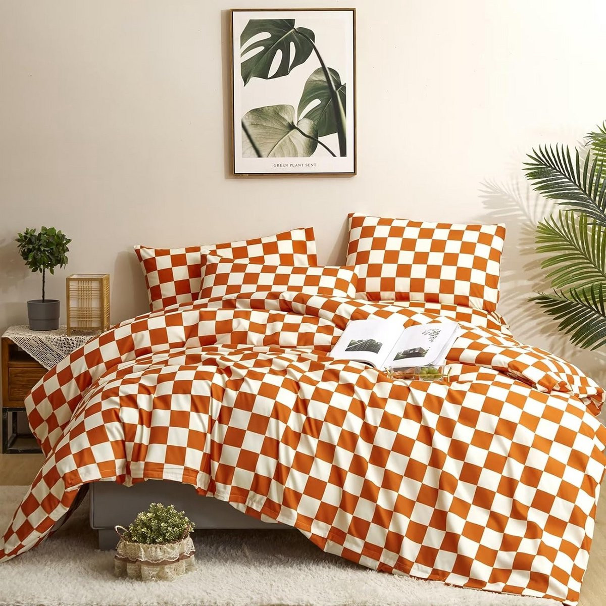 Dekbedovertrek Set Gingham Geruit in Roest Oranje van Katoen
