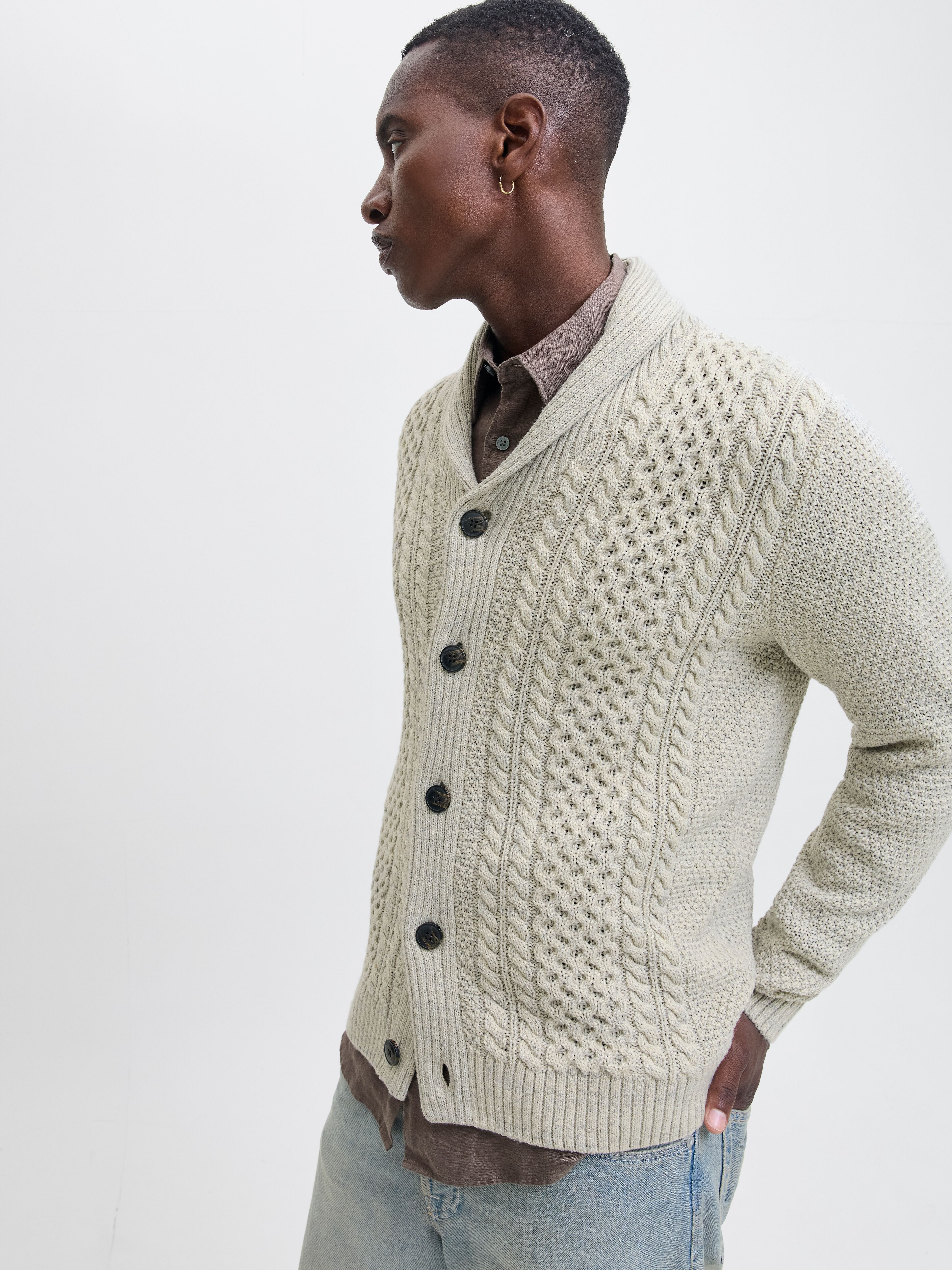 Strickpullover JACK & JONES "JJPAUL KNIT SHAWL CARDIGAN", Herren, Gr. M, beige (weiß melange), Strick, Obermaterial: 82% Polyacryl, 18% Baumwolle, meliert, regular fit normal, Pullover Strickpullover weiß melange M