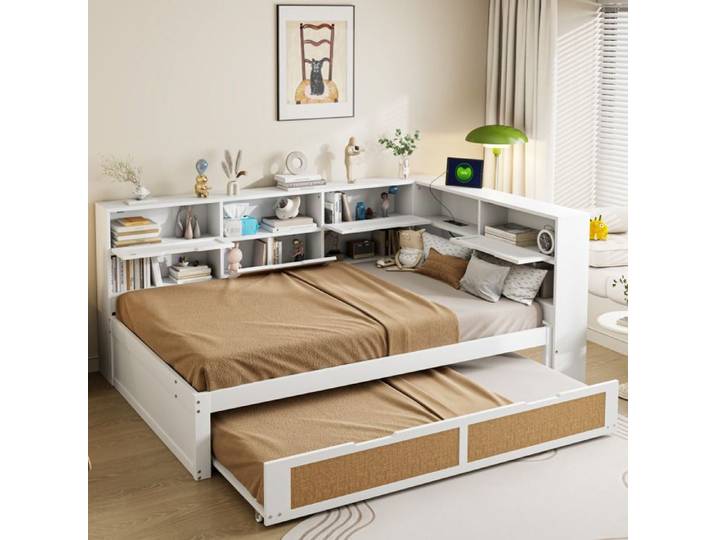 Lit Gigogne 140×200cm - Lit Adulte - Compatriments de Rangement - Port USB - Un Lit 90x190cm Inclus - Blanc