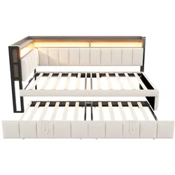 OKWISH Schlafsofa Samtstoff Beige 90x200 cm, ausziehbar, mit LED-Beleuchtung, USB- und Typ-C-Anschluss