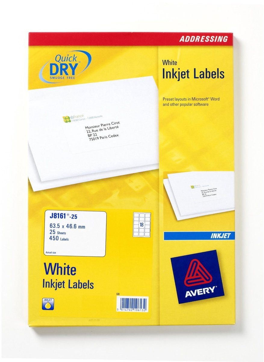 Avery J8161-25 Etiketten Wit, 63,5 x 46,6 mm, 450 stuks