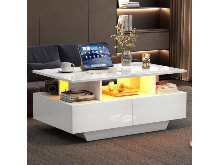 Table Basse Moderne Haute Brillance avec éclairage LED et 2 tiroirs Table Basse Salon 90x55x41 cm Table d'appoint élégante Blanc