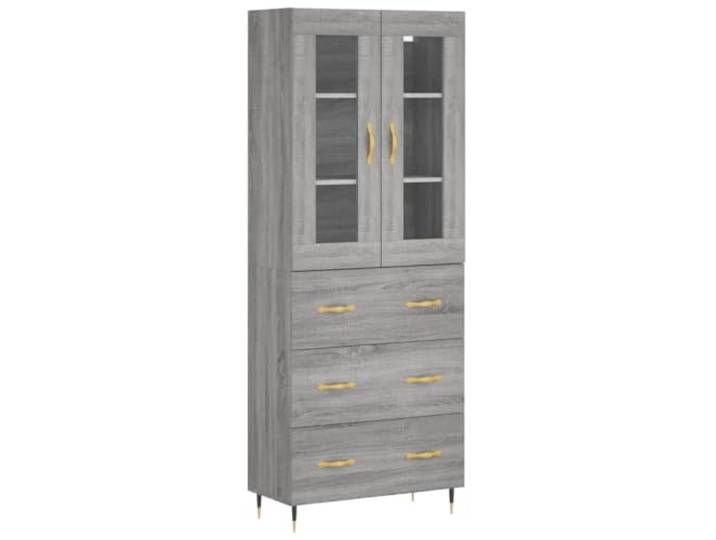 Roanoer Highboard Grau Sonoma 69,5x34x180 cm Holzwerkstoff 2-Teilig Eleganter Viertürer mit Glaselementen für Wohnzimmer und Flur, stabiles Metallgestell mit Kippschutz.
