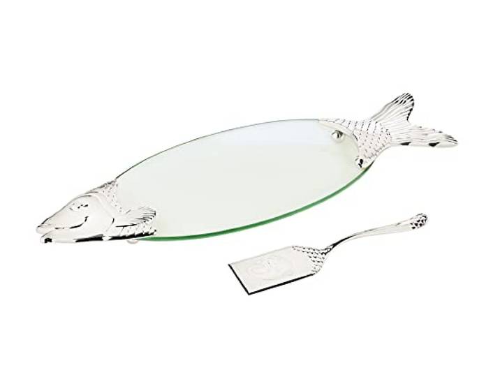 EDZARD Fischplatte Salmon (L 58 cm), mit Heber, Glas versilbert, anlaufgeschützt, Teller, Tablett, Servierplatte, Fisch Geschirr, Servierteller Fischform