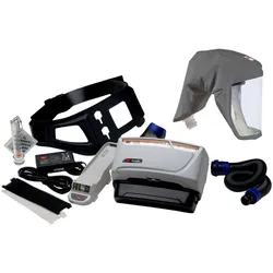 3M TR-619+ Versaflo Starterpaket inkl. TR-602E, Zubehör und 3M Versaflo Einweg-Leichthaube S333SG mit integrierter Kopfhalterung, grau, robustes, knisterfreies und fusselarmes Material, Grösse S/M Material: Ventflex