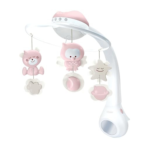 Infantino 3-in-1 Projector Muziekmobiel, Tafel- en Kinderbedlamp met Wekmodus, 6 Melodieën en 4 Natuurgeluiden, Roze