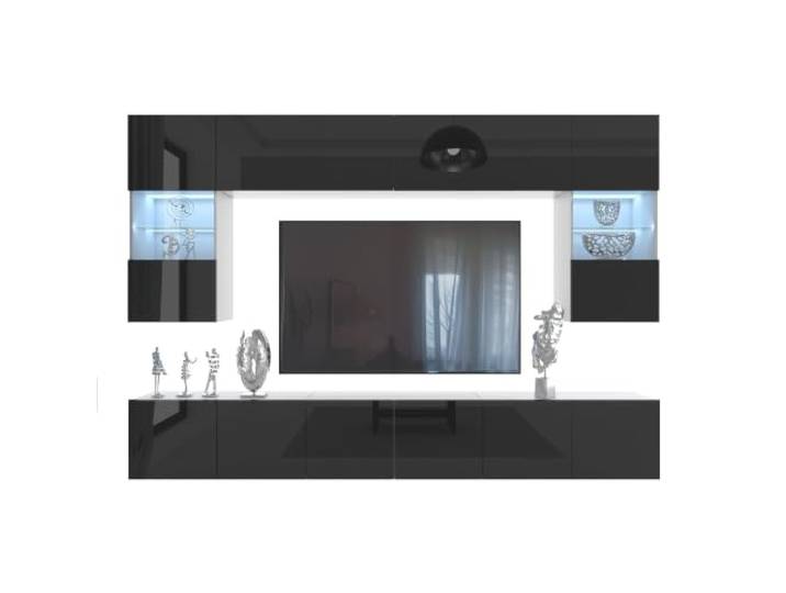 Belini Milano 1 Wohnwand Schrankwand TV-Schrank 300cm Schwarz Hochglanz Wohnwand mit grifflosem System, weiße Korpusse, DECOR ECONATURA kratzfest, Gasliftsystem, Wandmontage, Anbauwand, TV-Möbel