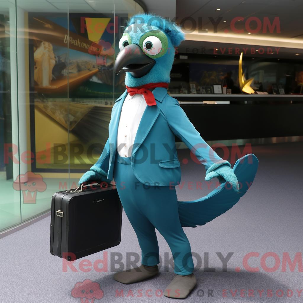 Maskottchenfigur REDBROKOLY eines blaugrünen Spechts mit Hose und Aktentasche