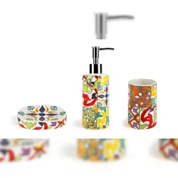 Set 3 Badaccessoires Excelsa Lisbona Keramik Mehrfarbig Seifenspender, Seifenschale, Becher