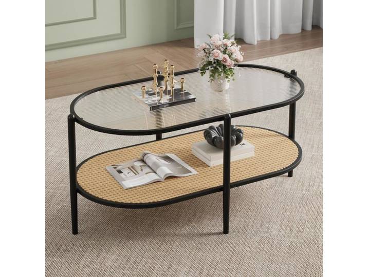 Table basse ovale champêtre rotin tressé métal verre vague noir salon chambre appartement