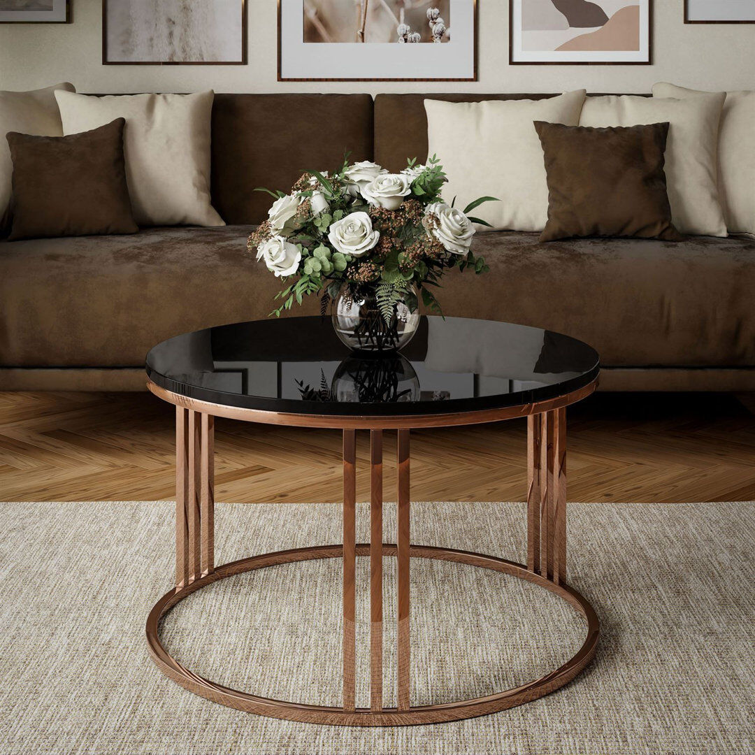 Fairmont Park Round Coffee Table – Glossy Top with Copper Frame Black Gloss