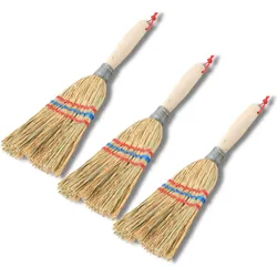 Novatool 3X Kleiner Besen Reisigbesen mit Stiel kurz 28cm Strohbesen Kinder Hexenbesen klein Garden, Reinigungsutensil, Braun