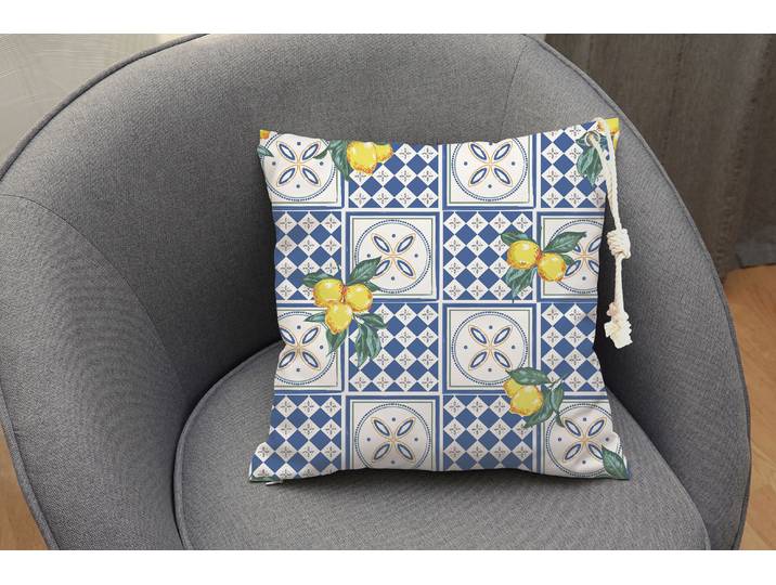 Dekokissen QUEENCE Mosaik, Kachel Zitronen , bunt (bunt, bedruckt gemustert), B:50cm L:50cm, Baumwolle, Polyester, Dekokissen_Sitzkissen_Kissenhüllen, Dekokissen, Outdoor-Kissen mit Öse und dicker Stoffkordel