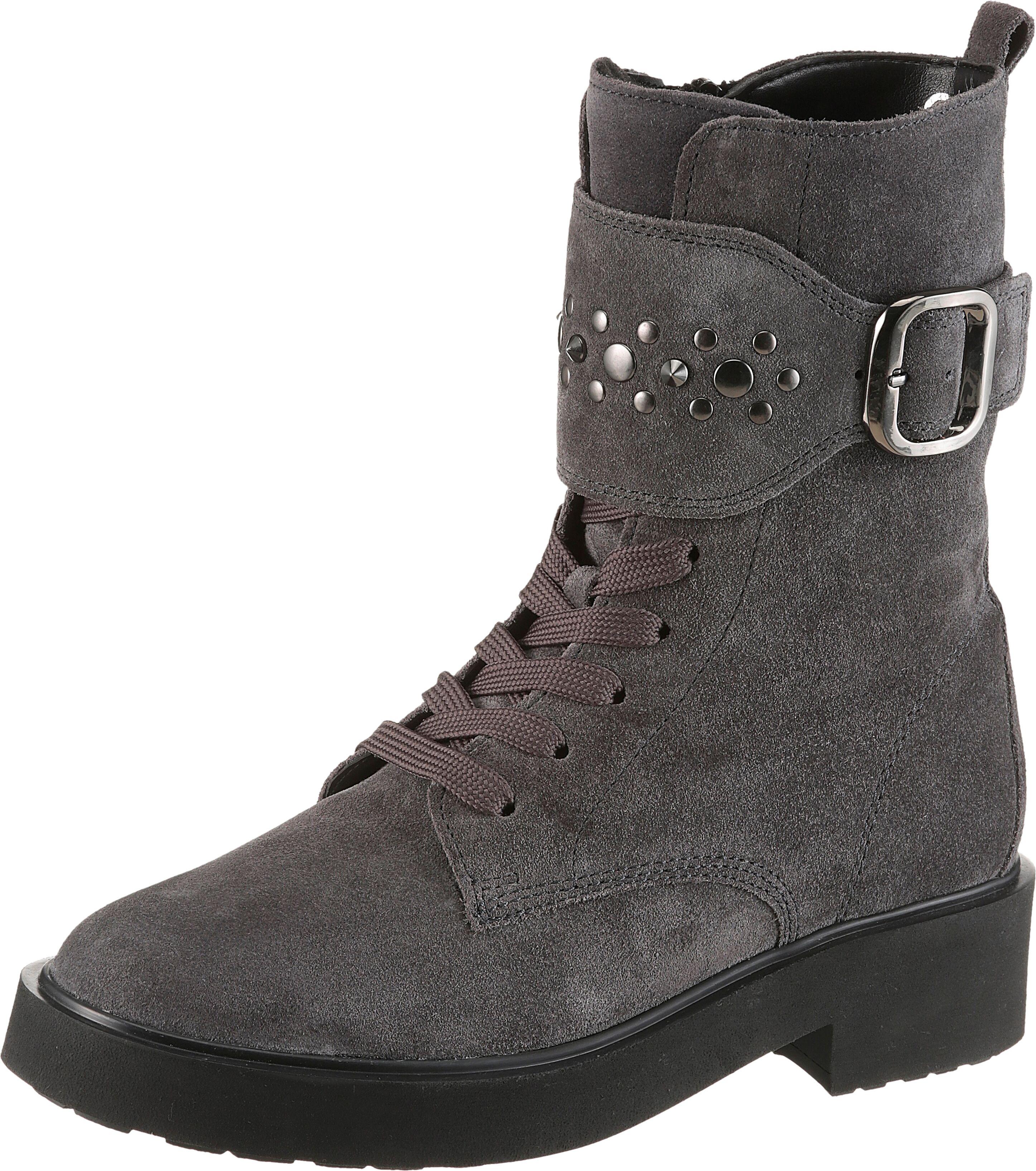 Winterstiefelette GABOR, Damen, Gr. 35, Warmfutter, dunkelgrau, Veloursleder, unifarben, Schuhe Winterstiefelette, Blockabsatz, Schnürboots, Schnürstiefelette mit Nieten dunkelgrau 35, Warmfutter