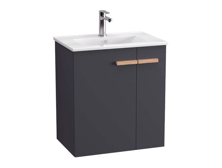 BADEDU HIERA Waschbecken mit Unterschrank 60 cm breit, Anthrazit, Waschbecken Keramik Weiß