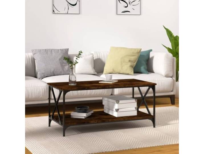 HEFZGDB Couchtisch Räuchereiche 100x50x45 cm Holzwerkstoff und Eisen mit praktischer Tischplatte und offener Ablage für Wohnzimmer, Beistelltisch mit robustem Eisenrahmen und glatter