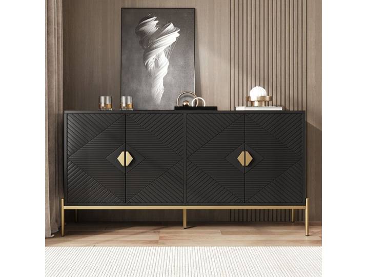 Buffet noir 162x40x80cm design moderne luxueux 4 portes motif géométrique poignées dorées pieds métal rangement polyvalent