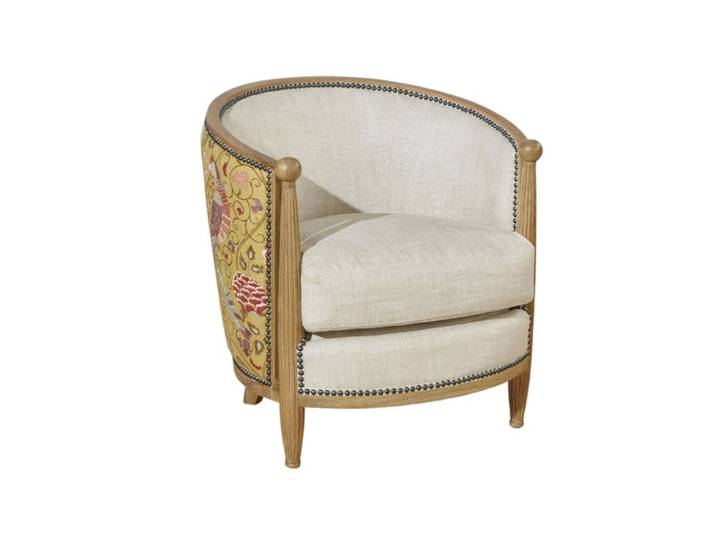 Fauteuil tonneau en chêne, lin et tissu lin