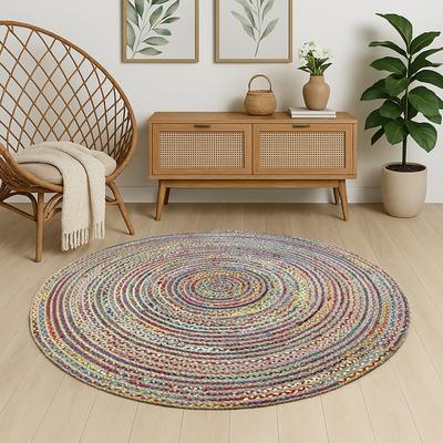 Teppich "Boho Breeze", beige (natur multicolor), H:10mm Ø:100cm, Baumwolle, Jute, MYFLAIR MÖBEL & ACCESSOIRES, Teppiche, Teppich, Juteteppich, handgeflochten, Wendeteppich, farbige Baumwoll-Akzente