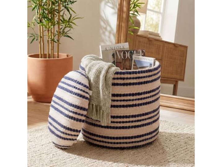 möbelando freiraum Polsterhocker mit Stauraum, rund, maritimes Streifendesign Beige/Dunkelblau, Sitzhocker & Fußhocker aus 100% Baumwolle, Ø 40 x 45 cm