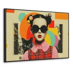 LEINWAND Bilder mit Rahmen - Mädchen - Sonnenbrille - Katze - Retro - 120x80