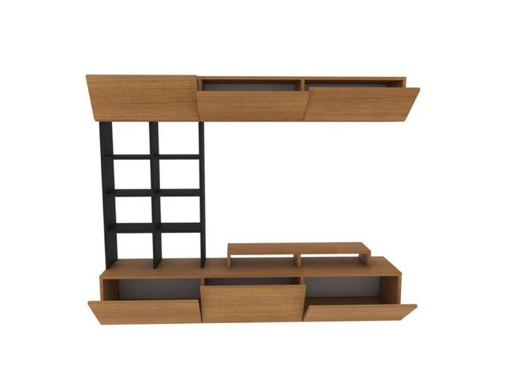 Ensemble meuble TV en panneau mélaminé teck et noir avec étagère murale et armoire