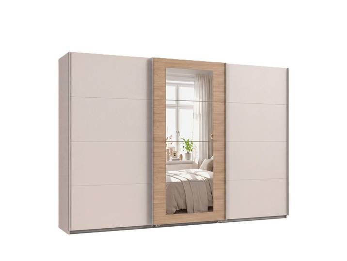 SCHWEBETÜRENSCHRANK 3-türig B313/H208/64 cm Kleiderschrank in Beige Grau mit farblich passenden Griffen, Spiegel umrahmt in Eiche Natur Dekor / 22631