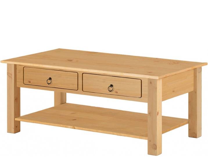 loft24 Couchtisch Inga - Wohnzimmertisch Ablagetisch Sofatisch Kaffeetisch, 2 Schubladen, Kiefer Massivholz, Landhausstil