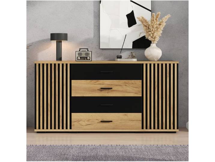 Maisentiel Buffet bas 140x35x70 cm en MDF noir et aspect bois 4 tiroirs 2 portes étagères réglables