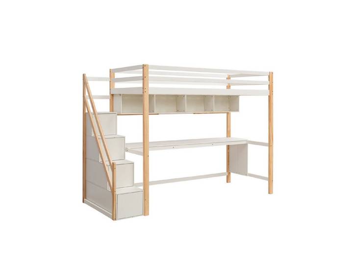 Celya Hochbett Kinderbett 90x200cm, Hochbett mit Stauraumtreppe Kinderbett mit Schreibtisch und Regalen