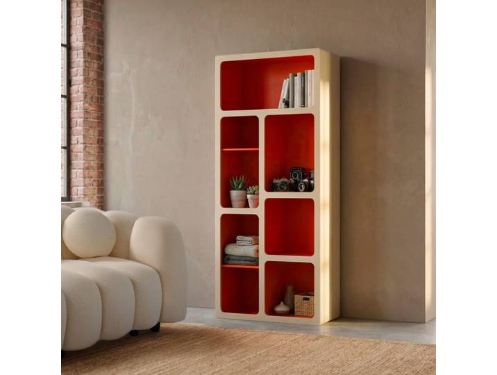 Etagère bibliothèque organique décor bois 8 compartiments orange -