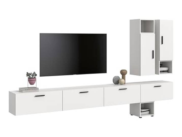 xonox.home – Wohnkombination The One 300x178x34 cm in Weiß Nachbildung – Massive Wohnwand mit 2 Türen & 4 Klappen – 15 Fächer bieten Platz für Bücher und Technik in einem zeitlosen, weißen Design