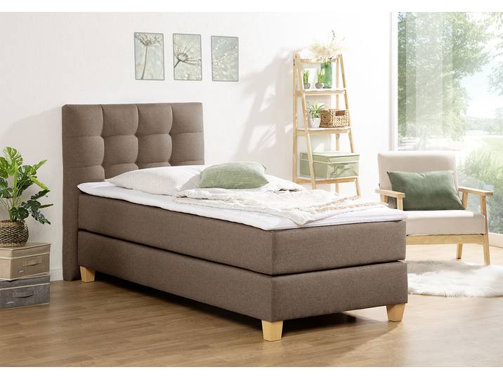 Boxspringbett, Braun, 104x211 cm, Samtstoff, Mit Topper & 3 Härtegraden, Klassisch, Home-affaire