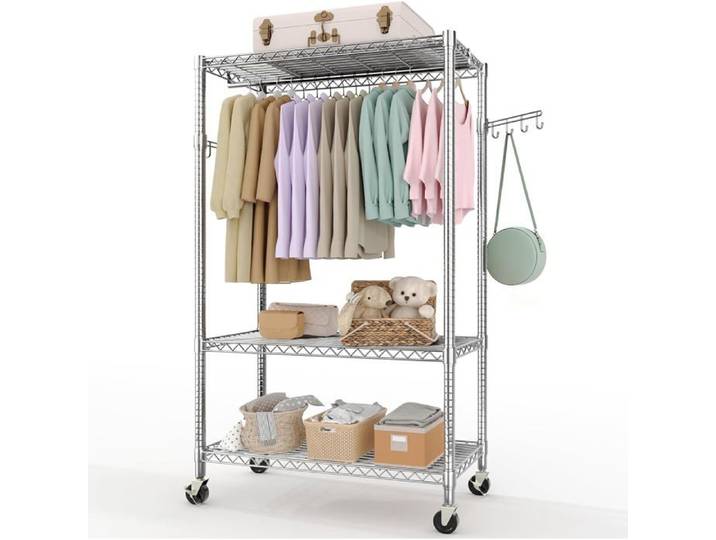 Portant vêtements - 3 étagères 1 tringle roulettes - Finition chromée - Métal - Buanderie chambre dressing