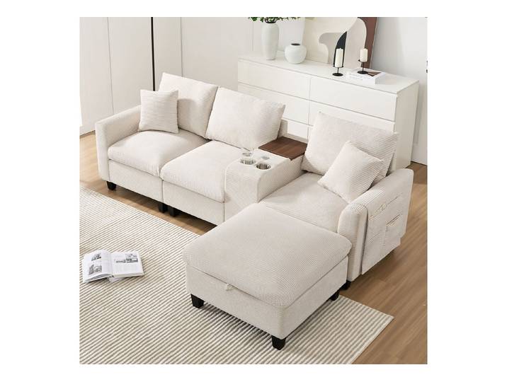 REDOM Ecksofa Modulares L-förmiges Sofa, Schlafsofa, Couch, Fußhocker mit Stauraum, USB-Anschlüsse, Getränkehalter