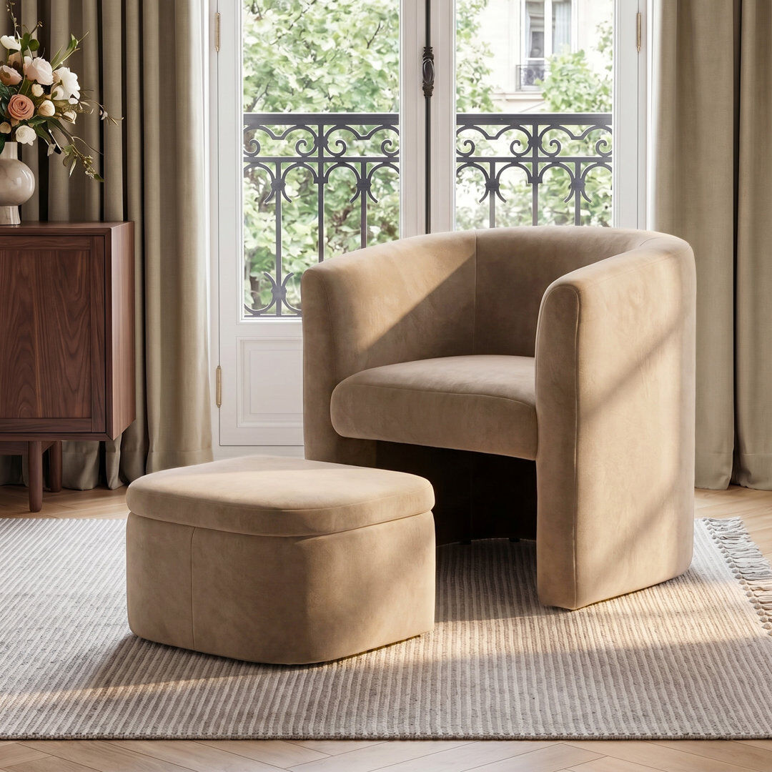 Wade Logan® Accent Chair & Storable Ottoman Sherpa Chair w/Storage Ottoman - Plush & Space-Saving Design Khaki Velvet 75cm H X 75.4cm W X 65cm D