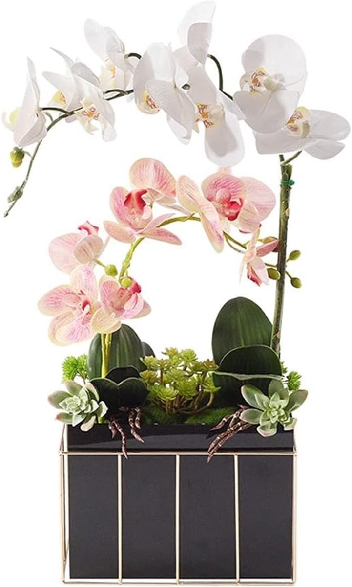 Roze kunstbloemen boeket met glazen vaas voor decoratie