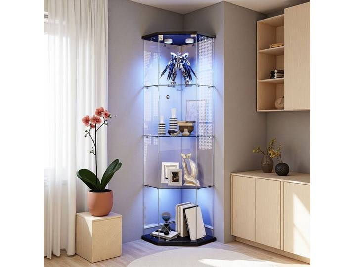 Vitrine en verre - 162 cm - LED multicolore - Verre trempé - Design moderne noir