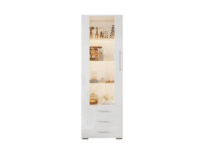 Flieks Vitrine Weiß Hochglanz LED Beleuchtung 3 Schubladen, 60x180x35 cm, Esszimmer, Vitrinen, Vitrinenschränke