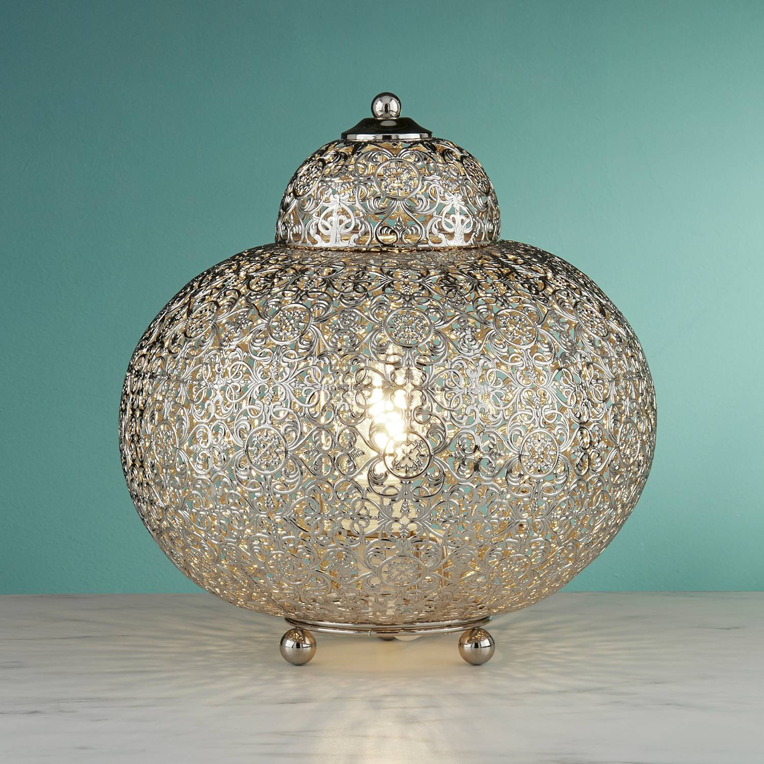 Searchlight Fretwork Marokkaanse tafellamp zilver metaal B/D/H: 26 x 26 x 26 cm