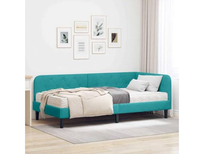 RJPLMFV Eckbettgestell, Türkis, 90 x 200 cm, Velours Schlafsofa, 2-in-1, Schaumstoffmatratze inklusive, robuste Platte, pflegeleicht