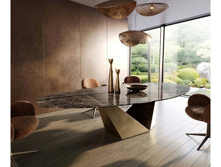 Esstisch Edge Oval 315x150 cm Keramik Emperador Extra Lucidato Dunkelbraun Prisma Metallic Gold, Esstische